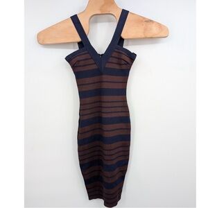 Herve Leger Paris blue + brown stripe bandage dress size large